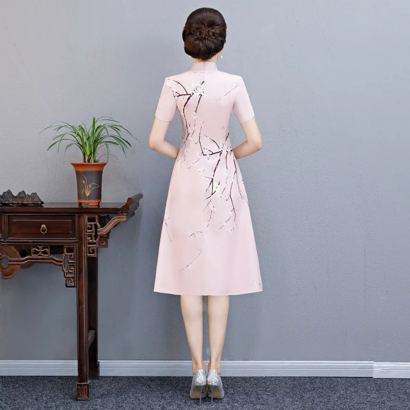 По колено Cheongsam Традиционный китайский стиль короткий рукав платье женские летние район Qipao тонкий Платья для вечеринок Vestido