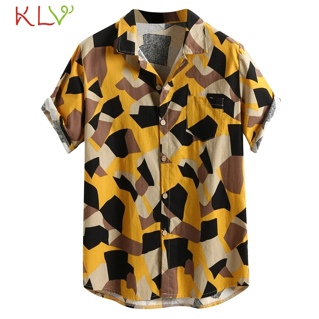 Blouse Shirt Men Linen Summer Hawaiian Print V Neck Top Short Sleeve Casual Harajuku Camisa Hombre Streetwear Clothes 19Jun