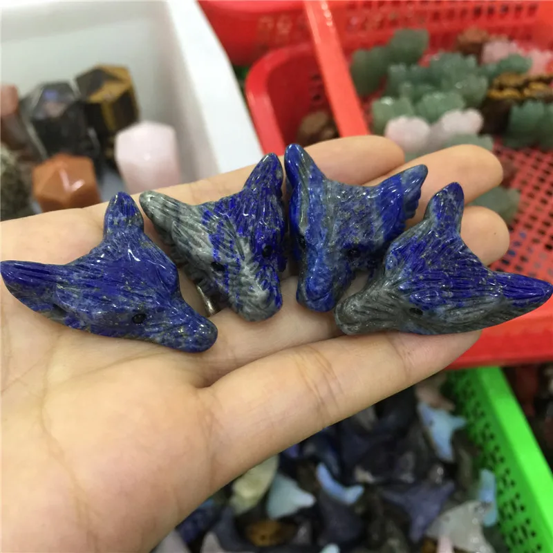 

1pcs delicacy natural stones and minerals lapis lazuli wolf head FIGURINE reiki healing crystals hand carved figurine with hole