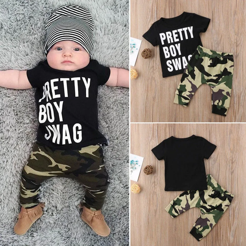 Hot Sale Clothing Children Summer Newborn Toddler Baby Letter Camouflage Print Tshirt Tops Pants Outfit Clothes Set dropshipping | Детская