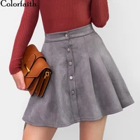 colorfaith 2018 women multi colors suede a line mini skirt autumn winter buttons girls skater skirt high waist femininas sk5550