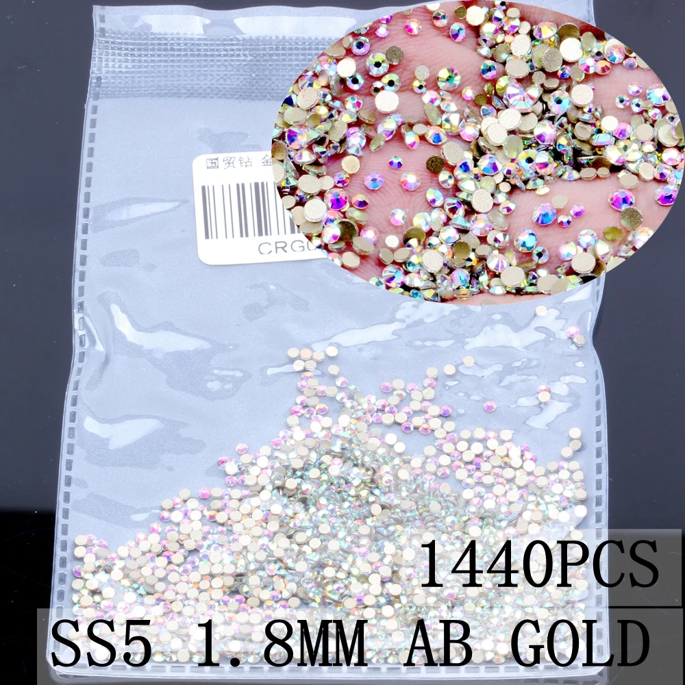 AB Gold ss5 1440pcs Супер Блестящий SS3-SS8 хрустальные стразы с плоской задней стороной Стразы для ногтей 3D не горячей фиксации украшения для ногтей Сделай сам стеклянный маникюр - Цвет: AB Gold ss5 1440pcs