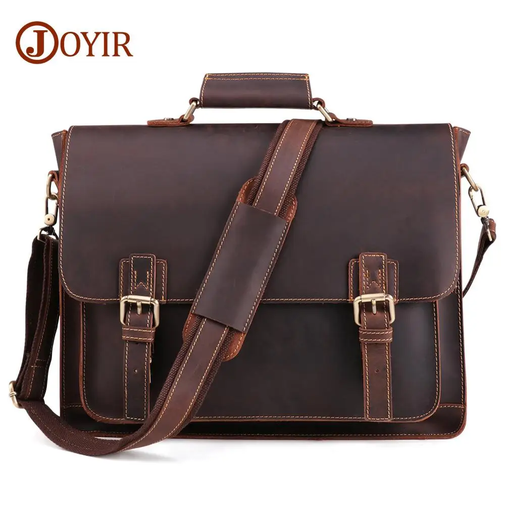Dark Coffee JOYIR Crazy Horse Genuine Leather Men Briefcase Casual Messenger Laptop Bag Business Men Briefcase Bag for Document Shoulder Bag - Цвет: Dark Coffee