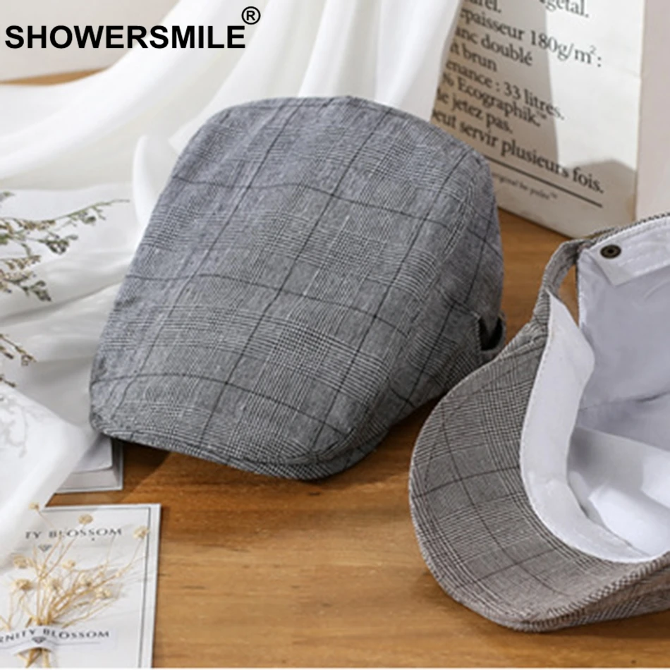 SHOWERSMILE, мужской берет, хлопок, гусиная лапка, плоская кепка, мужская, серая, в клетку, Гэтсби, винтажная, летняя, повседневная, Duckbill, шапки и кепки, s