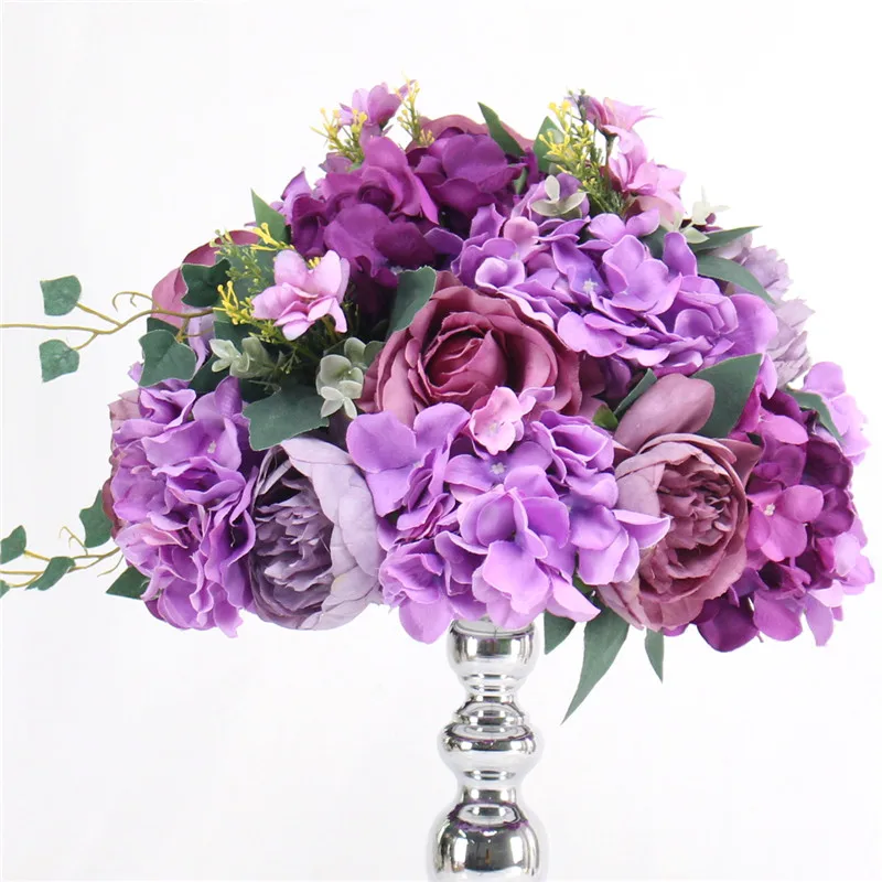 Purple Изготовленный На Заказ 35/45 см Роза Пион искусственный цветок мяч Центральные Декора свадьбы фон Свадебный стол в виде цветочного шара цветов+ ваза-подсвечник - Цвет: Purple