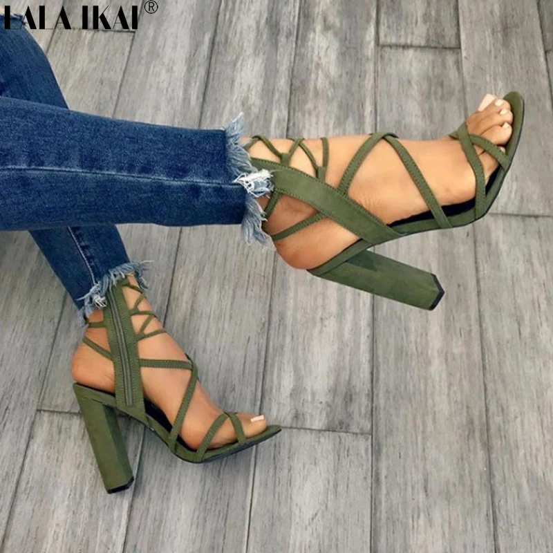 LALA IKAI/Босоножки на каблуке женские летние сандалии гладиаторы из флока молнии