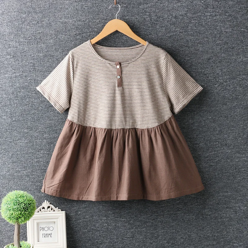 Полосатая Лоскутная футболка с круглым вырезом и короткими рукавами лето 2018 mori