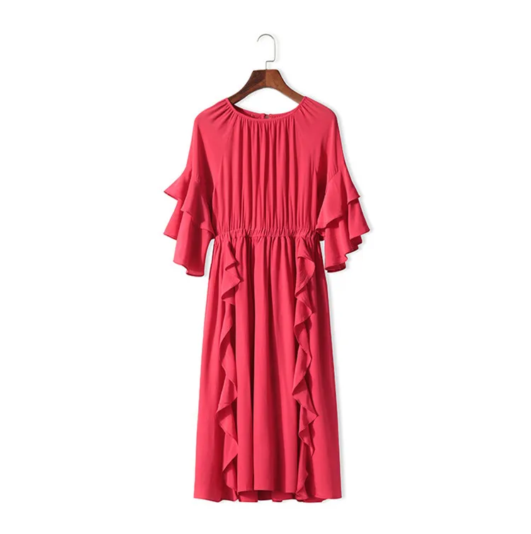 

Women Silk Dresses 2018 New Arrival Women Elegant OL Elegant Ruffles Dress Slim Medium-Length Dress Female