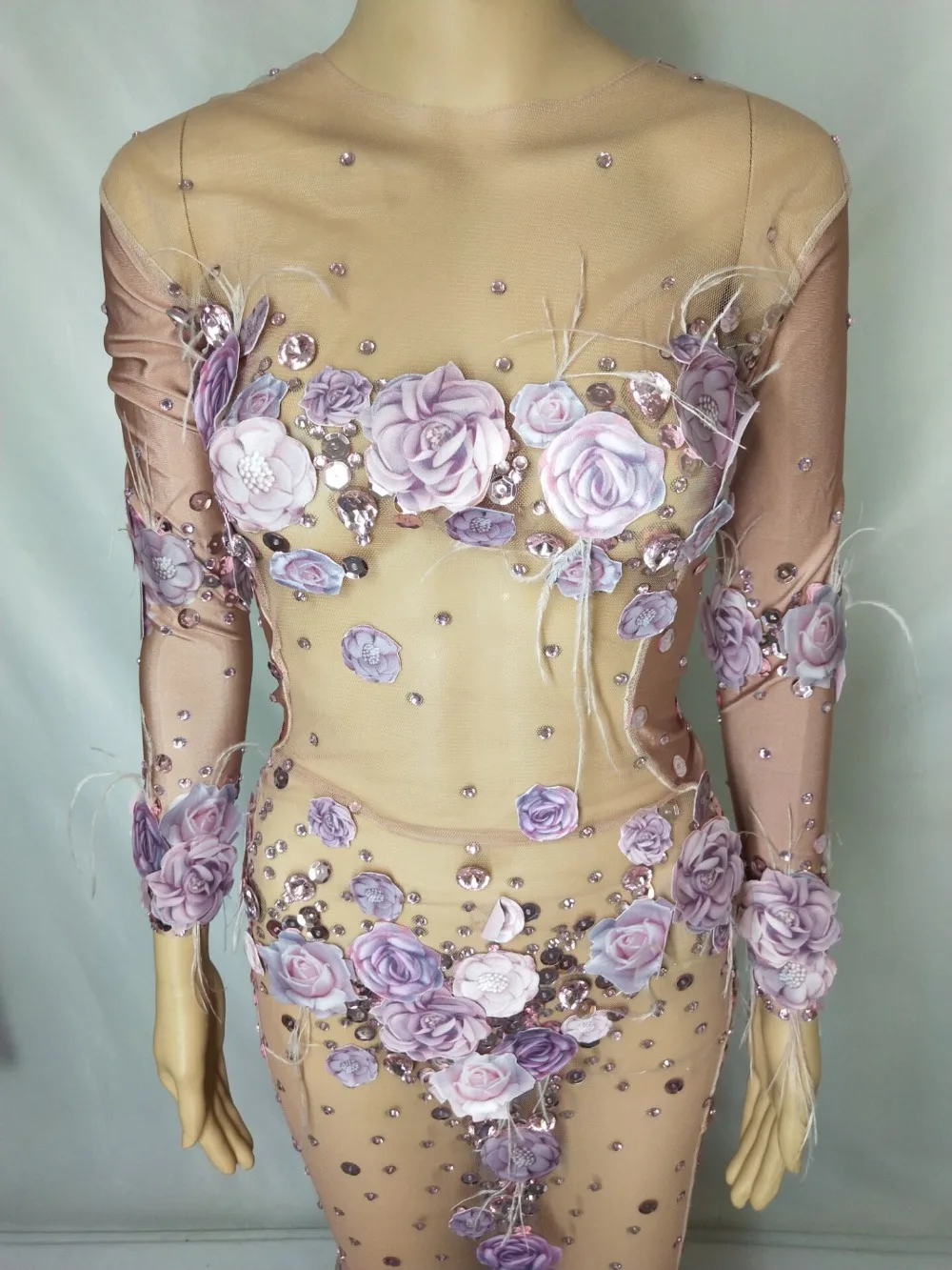 Fashion Design Sexy Perspective Pink-Purple Floral Crystal Mermaid Dress Evening Party Stars Singer Host Long Dress Costume