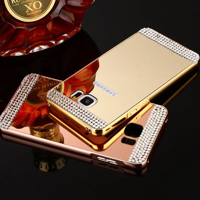 Горный хрусталь Диаманта bling Зеркало ПК Задняя Крышка Металлический Каркас
