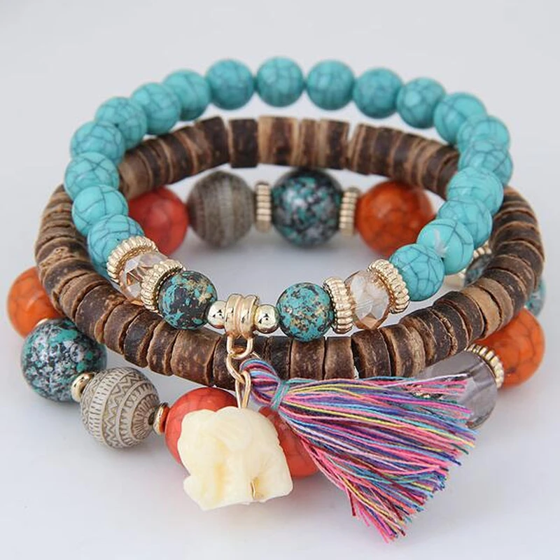 3PC/Set Bohemian Beads Bracelet for Women Elephant Tassel Charms Wood Bracelets&ampBangles Boho Vintage Elastic Pulseira Feminina |