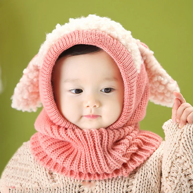 Winter Hats for Kids Girls Boys Baby Rabbit Ears Knitted Hat Children Crochet Warm Caps With Hooded Scarf Set | Детская одежда и