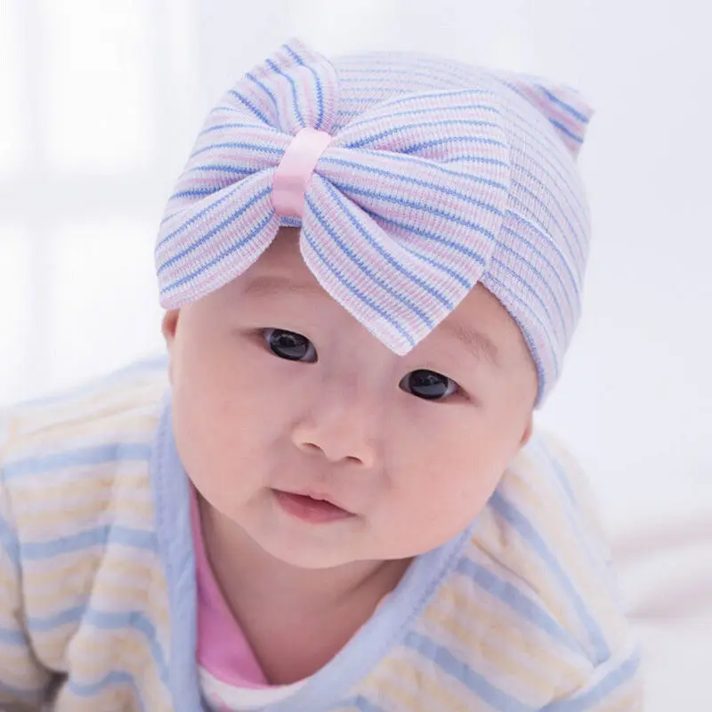 Emmababy Newborn Baby Girls Striped Headband Headwear Toddler Soft Beanie Hat with Bow | Детская одежда и обувь