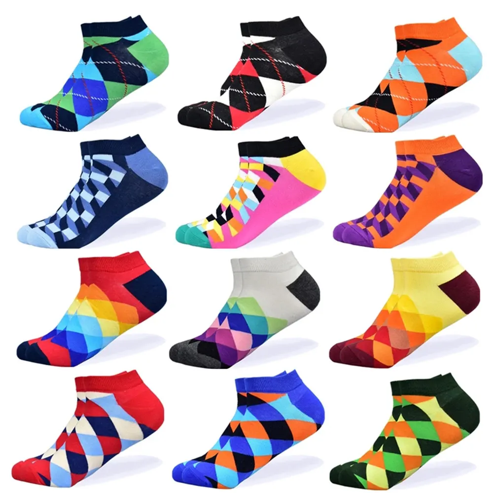 12 pairs-1 Носки мужские новейшие дизайнерские носки-башмачки короткие летние носки качественные деловые разноцветные мужские хлопковые носки с геометрическими узорами - Цвет: 12 pairs-1