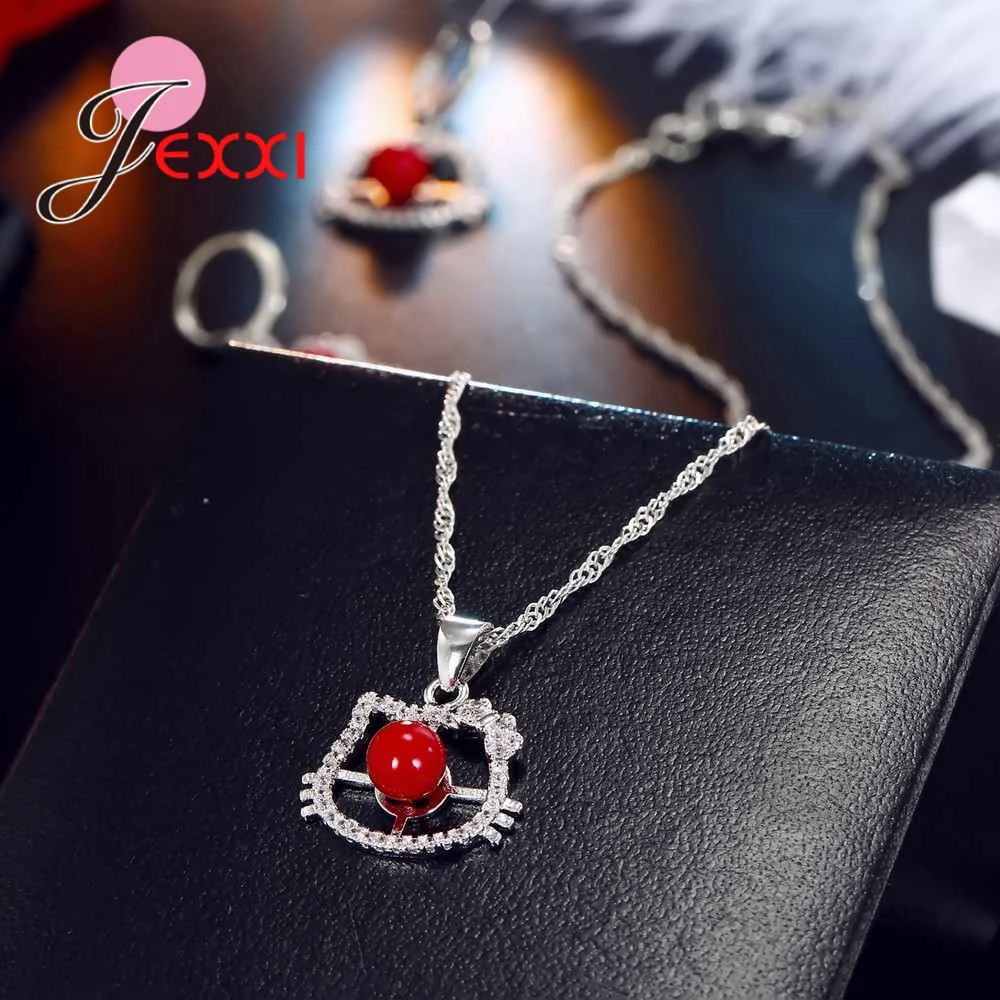 Fast Shipping Classic Charming Cat Animal Shape Red Cubic Zirconia Austrian Crystal Stone 925 Sterling Silver and CZ | Украшения и
