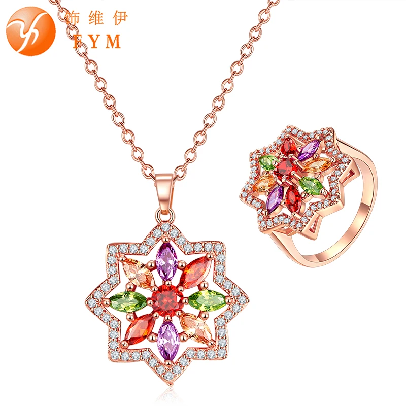

FYM Brand Jewelry Set Rose Gold Color Colorful AAA Cubic Zirconia Necklace/Ring Flower Engagement Jewelry Set