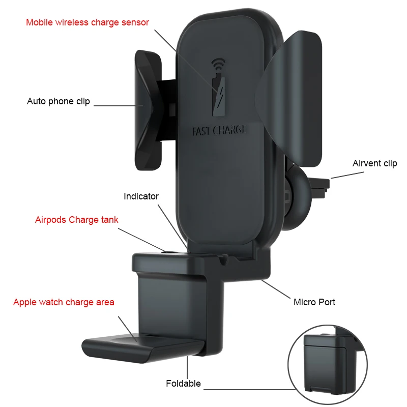 Автомобильное беспроводное зарядное устройство QI подставка для iPhone Airpods Apple Watch 1 2