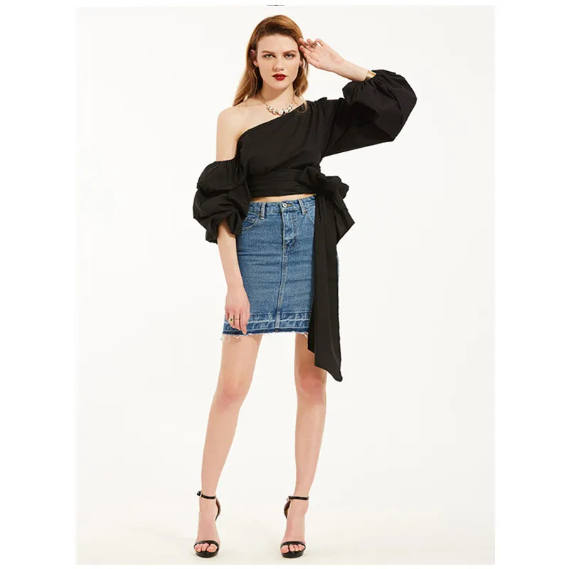 Женская блузка черный косой воротник 2018 весенние пикантные Рубашки для