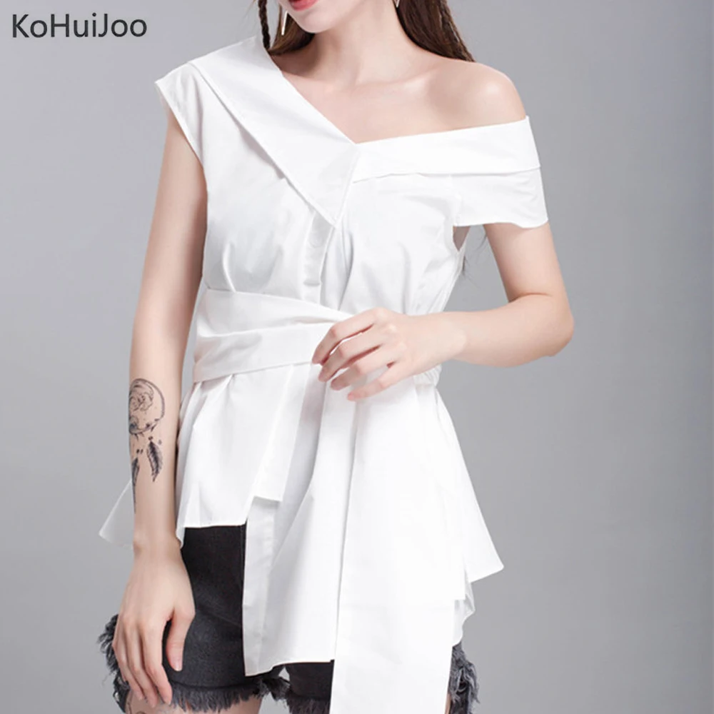 Женская блузка с коротким рукавом KoHuiJoo белая и черная из смесового хлопка в