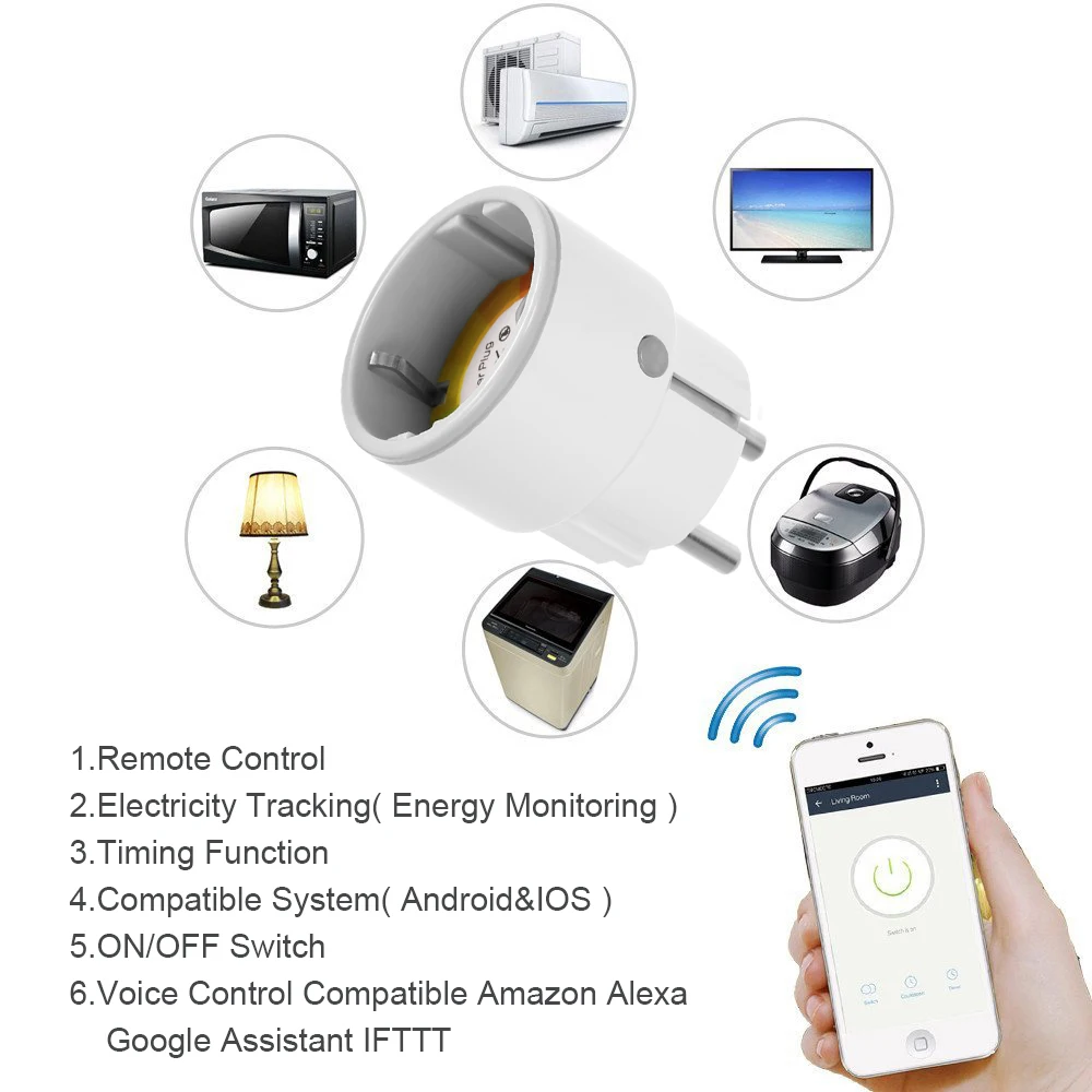 Умная умная розетка с Wi-Fi, штепсельная вилка европейского стандарта, 3680 Вт, 16А, мощность, мониторинг энергии, розетка, таймер, голосовое управление, работа с Alexa Google