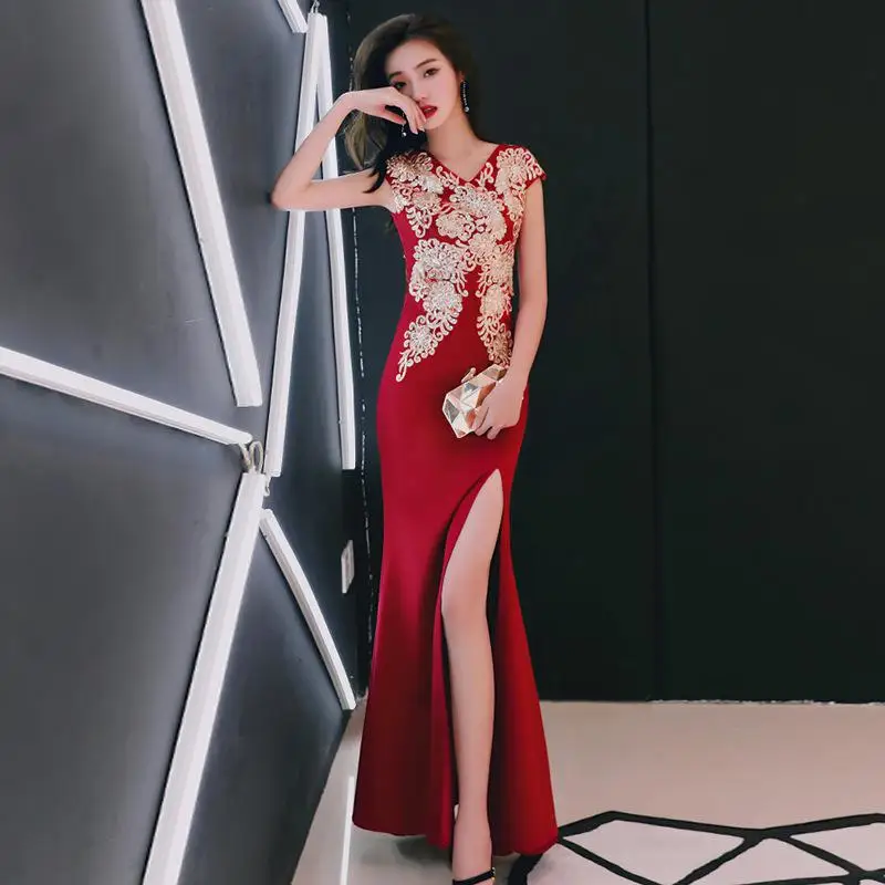 Темно-красные вечерние Длинные Cheongsam ретро Тонкое платье свадебное платье китайский стиль Свадьба Qipao Женская одежда Vestido XS-XXXL - Цвет: Dark Red - D