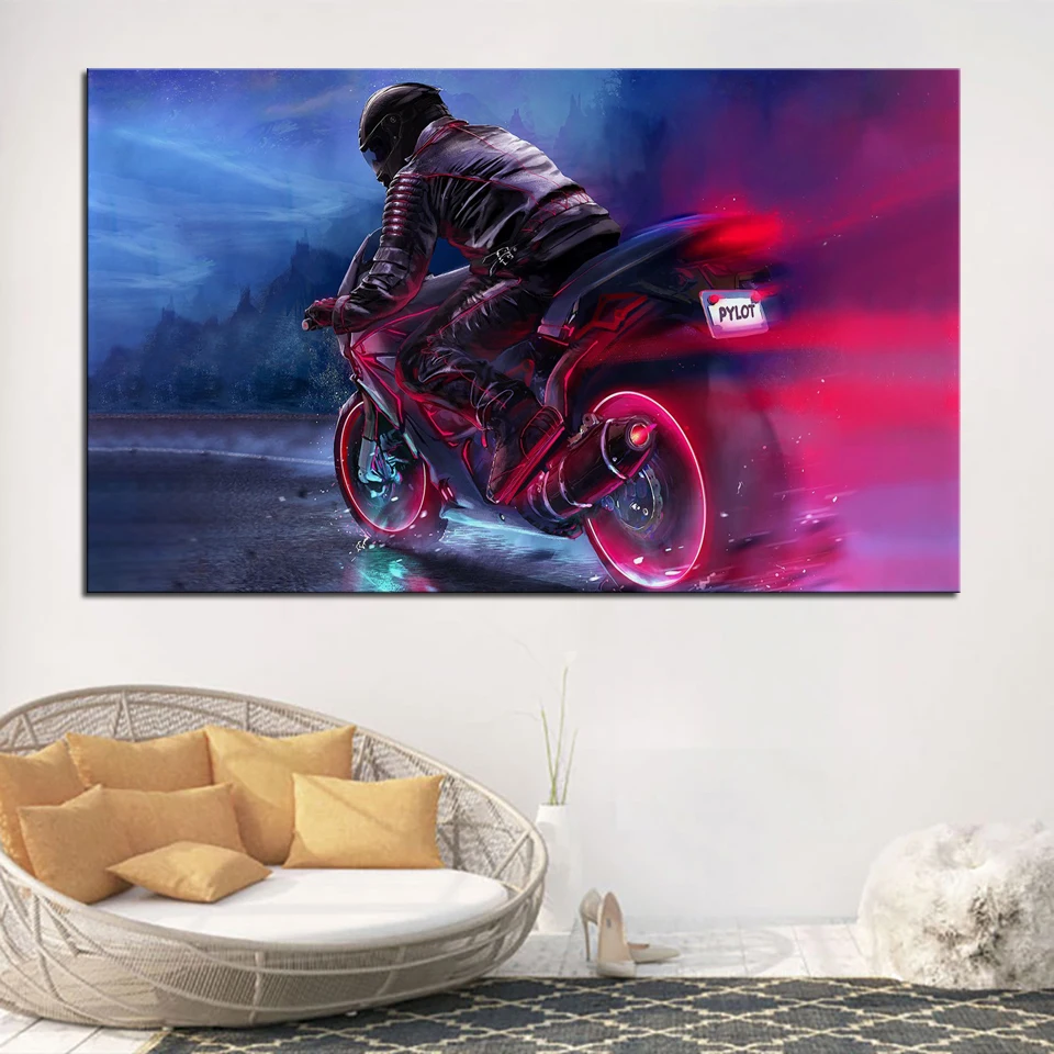 Retrowave Байкер Pylot Synthwave неоновые мотоциклетные украшения для гостиной дома Настенный декор деревянная рамка тканевые плакаты MD551