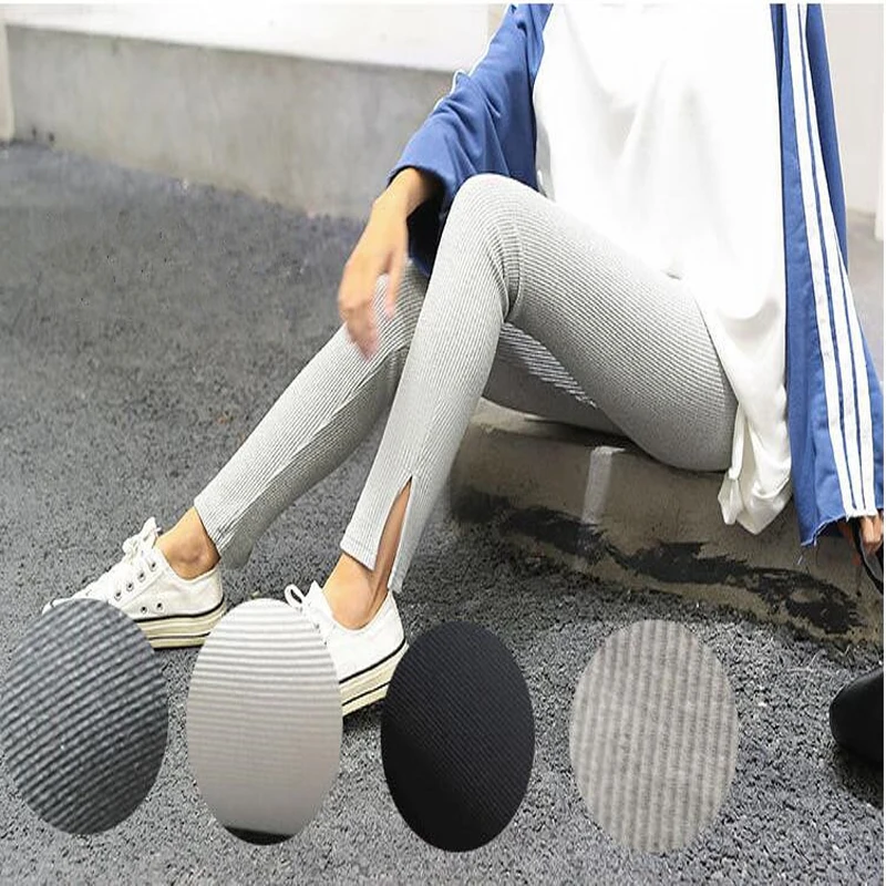 Shikoroleva Leggings Women Girls Vertical Strip Rib Elastic Stretch Cotton Jeggings Solid Color Black Navy Red Ladies Bottoms | Женская