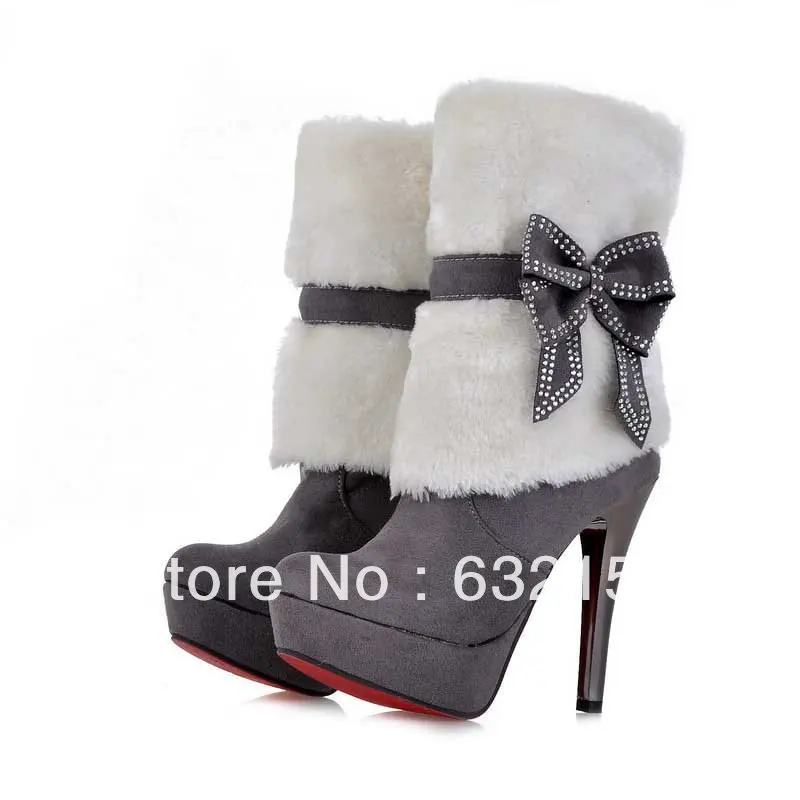 wholesale 2014 new sexy gray Bowtie Mid Calf boots girls high heels winter shoes LLY-668-1 | Обувь