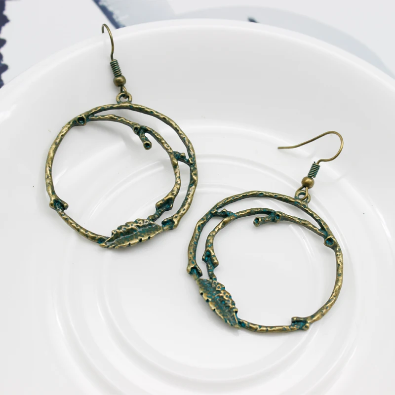 Женские серьги капельки большие круглые с бронзовыми ветками и