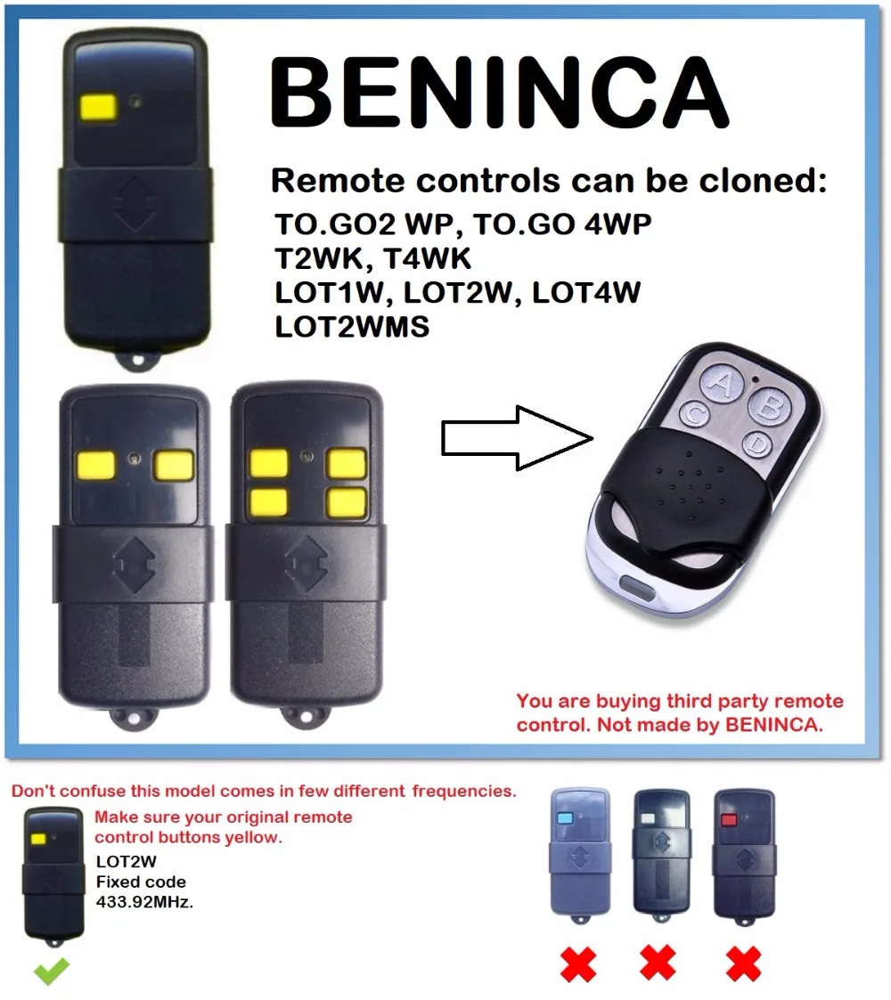 BENINCA LOT1W LOT2W LOT4W дубликатор дистанционного управления 4 канальный 433 92 MHz. (Только