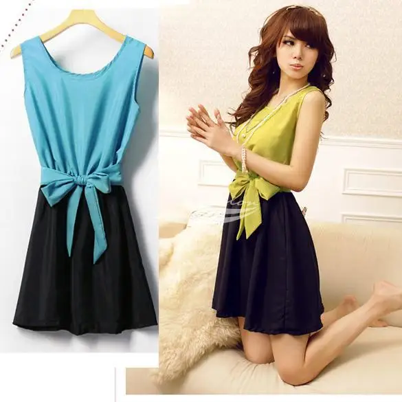 Women's Stylish Crew Neck Sleeveless Temperament snow spins have belt/dress/skirt /women's Chiffon dress free shipping 3804 | Женская