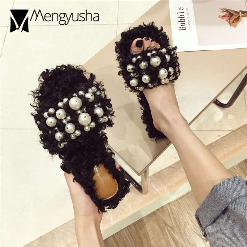 2019 фирменный дизайнерский фигурный мех тапочки женская зимняя удобная обувь без