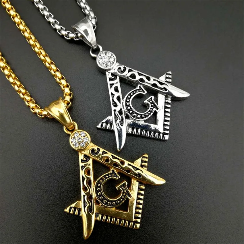 Купи Hip Hop Iced Out Mason Necklaces Pendants Gold Color Stainless Steel Chain For Women/Men Masonic Symbol Jewelry XL1079 за 508 рублей в магазине AliExpress