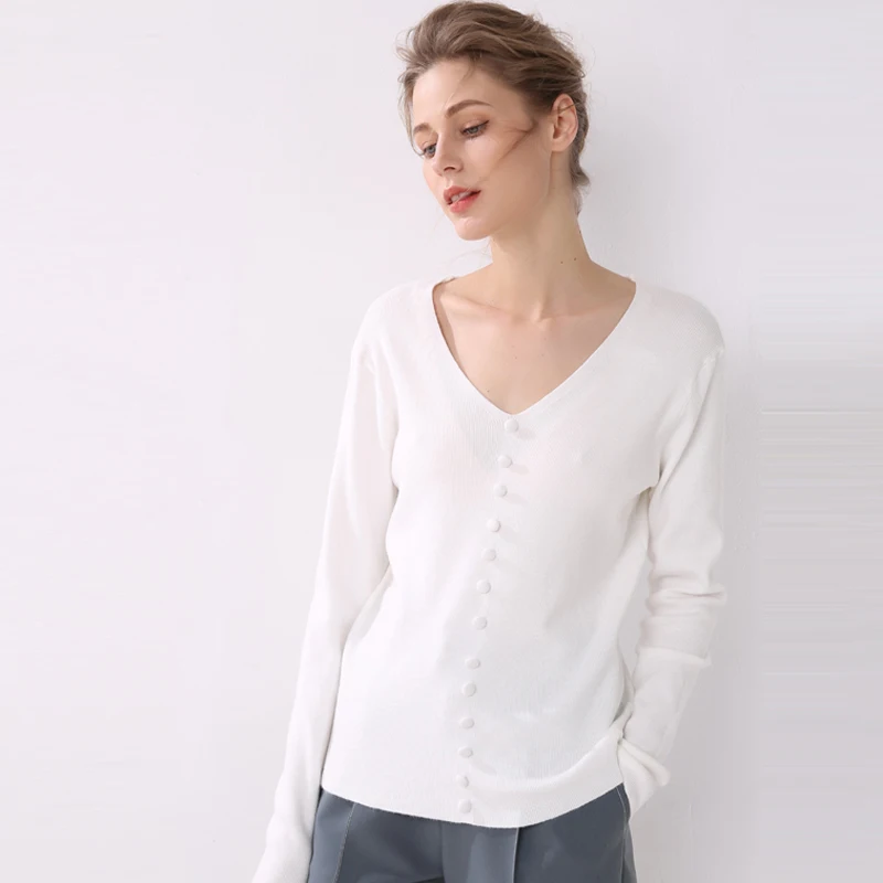 19 spring and summer new sweater single-breasted female long-sleeved shirt V-neck bottoming slim slimming |