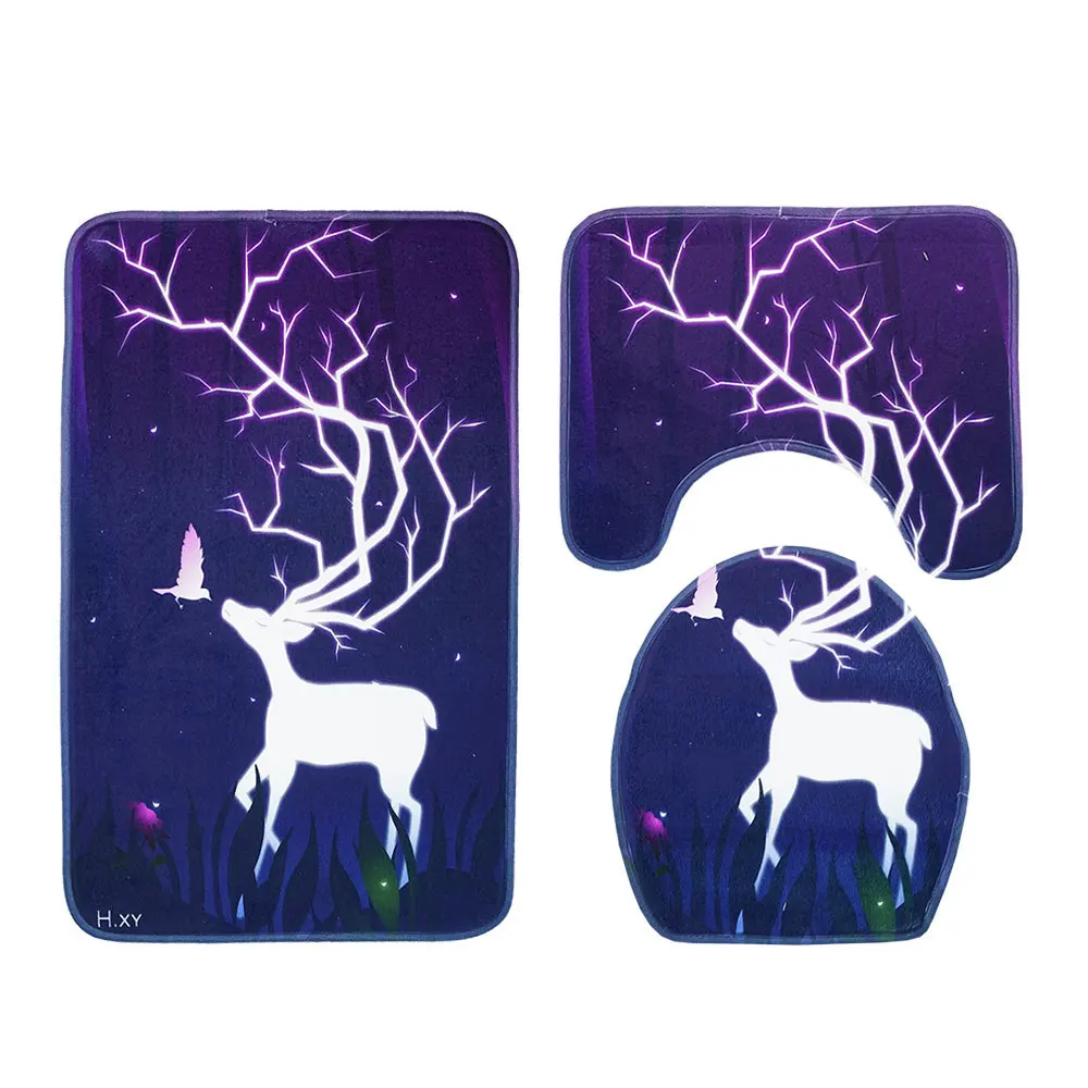 

3Pcs Christmas Bath Mat 3D Elk Printed Bathroom Carpet Non-slip Bath Rugs Mat For Toilet Absorbent Lid Cover Toilet Bathroom Mat