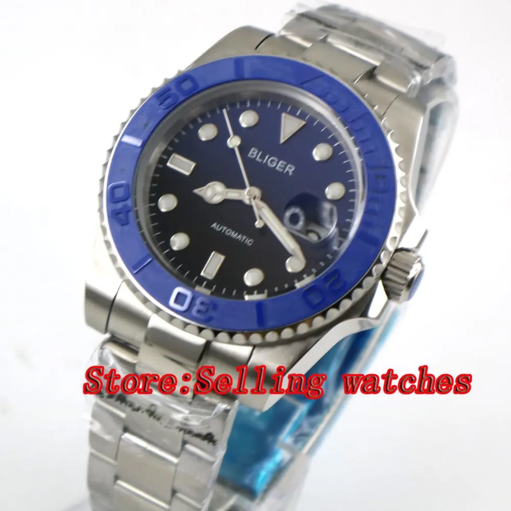 

40mm Bliger black & blue Dial Sapphire Glass Stainless Steel blue ceramic bezel Luminous Men's Automatic Mechanical Watch p013
