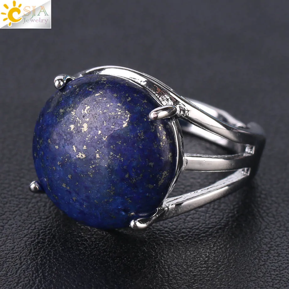 Lapis Lazuli CSJA уникальное кольцо для женщин, натуральный камень, круглые бусины, повседневные кольца на палец, Фиолетовый Кристалл, кварц, серебряный цвет, вечерние ювелирные изделия F476 - Цвет основного камня: Lapis Lazuli