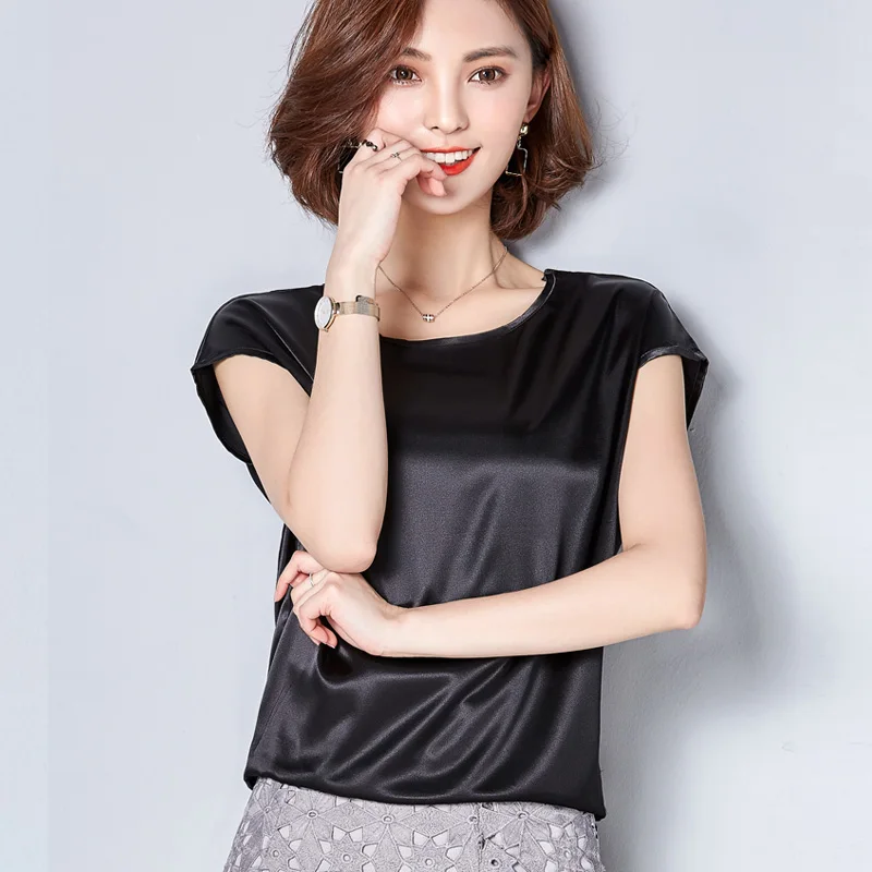 2021 New Silk Blouse Women Tops Fashion Elegant O-neck Short sleeve Solid Shirt Women Blouses Summer Casual Blusas Femininas