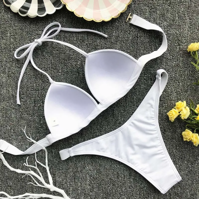 INGAGA Push Up Bikini Sexy Thong High Cut Swimwear Women Strap Halter Swimsuit Solid Bathing Suit New Brazilian Bikinis