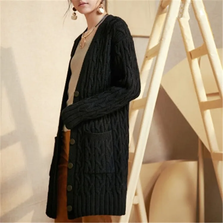 100%hand made pure wool Vneck knit women loose H-straight long cardigan sweater one&ampover size |