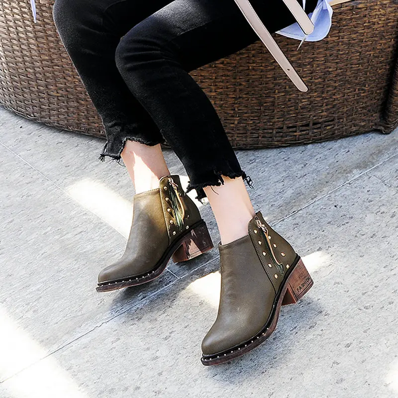 QUTAA Round Toe Casual Women Ankle Boots Winter Warm Fur Antiskid Shoes Fashion Rivet Thick Heel Zipper Boots Size 34-43