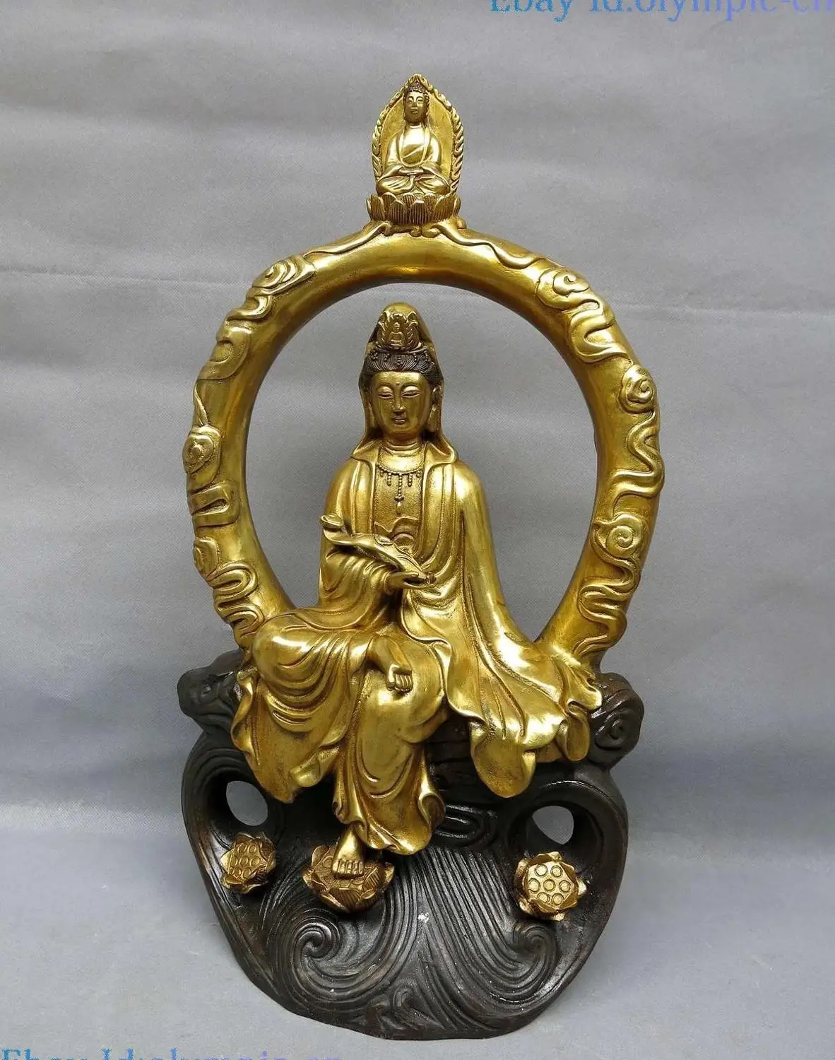 

19" China bronze gild sculpture carved buddhism lotus Kwan-yin buddha Statue