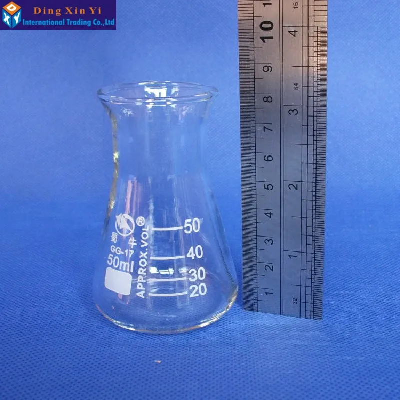 Стеклянная коническая фляжка Erlenmeyer 50 мл треугольная фляга для лабораторного
