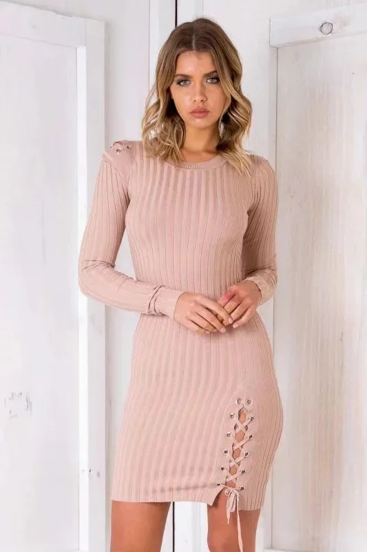 2017 осень-зима Для женщин Платья-свитеры плюс Размеры Кружево Up Skinny трикотажные