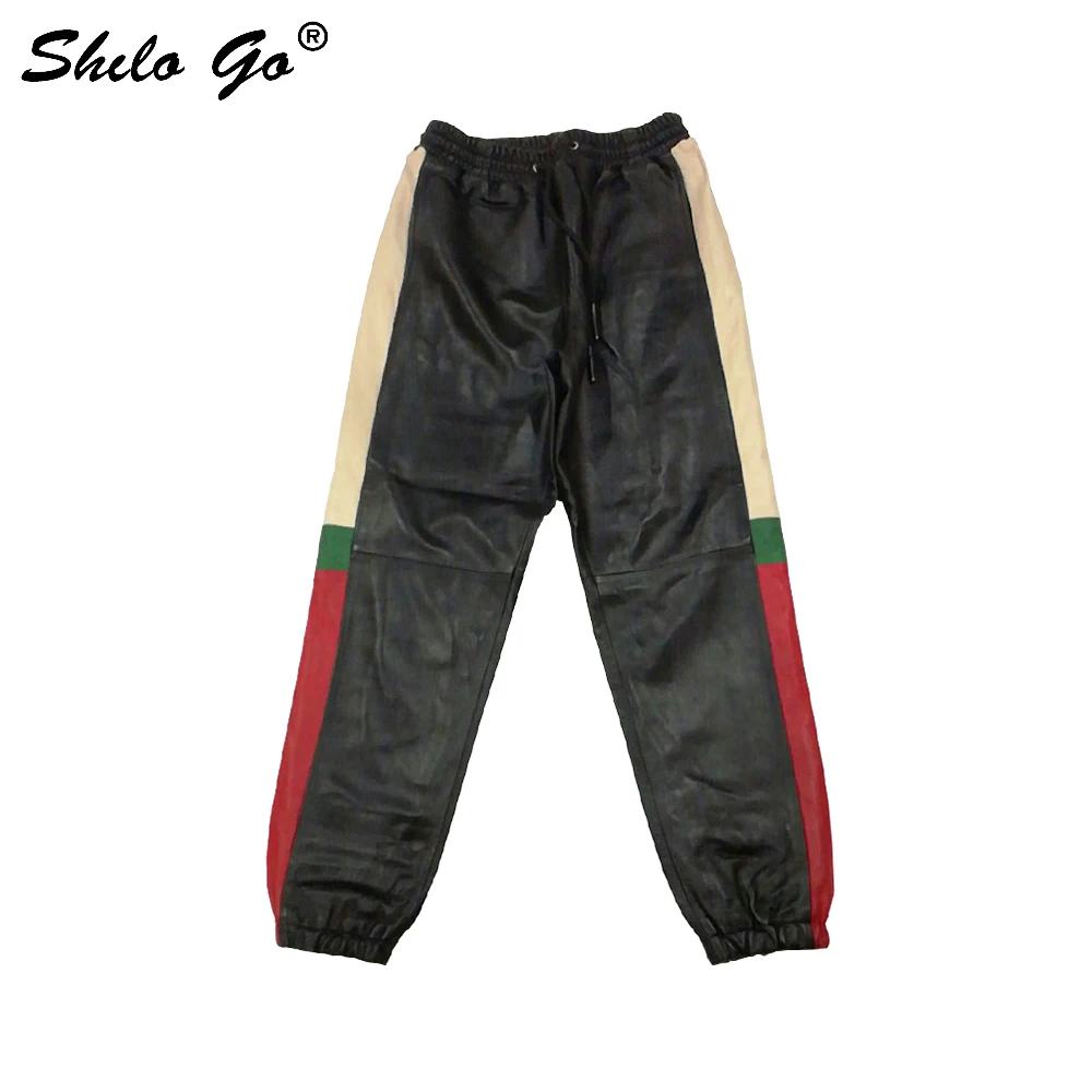Женские кожаные брюки с полосками сбоку весенние эластичные шаровары из