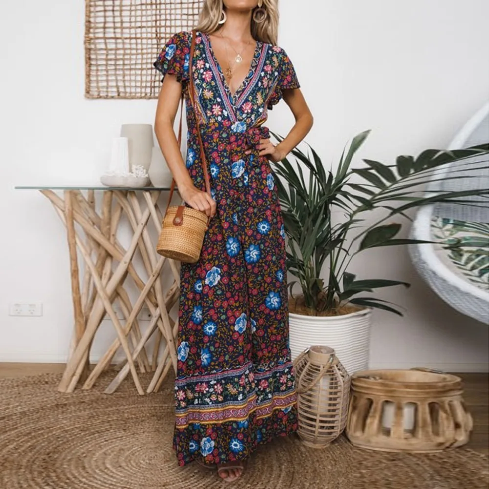 Ретро Хиппи Vestidos бохо платье халат Женское богемное с v-образным вырезом коротким