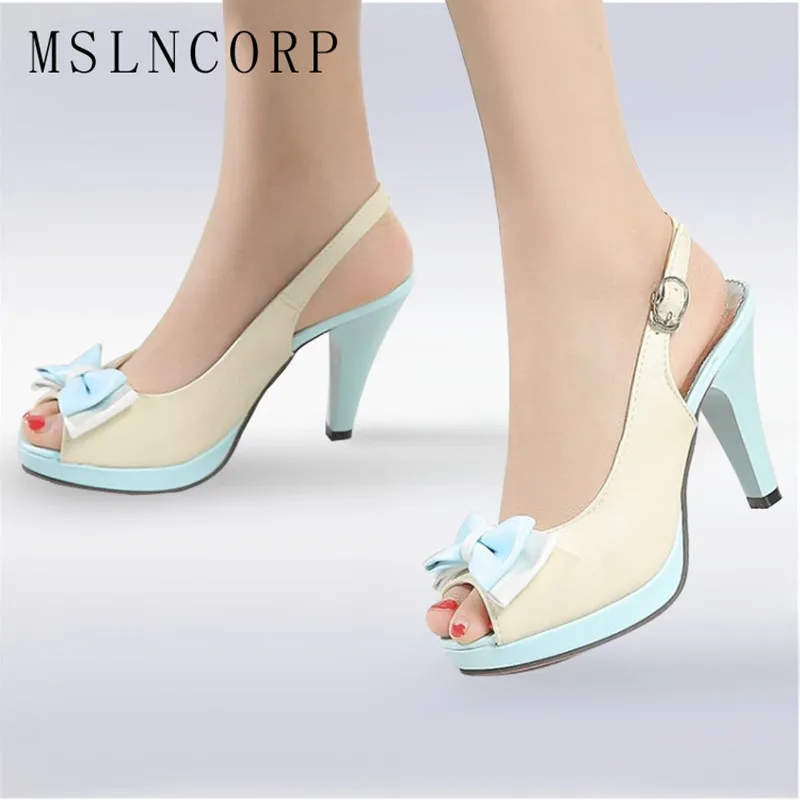 

size 34-45 Fashion Women Sandals sexy peep toe bow slingbacks woman summer shoes ladies high heels Bowknot Pumps Dress Wedding
