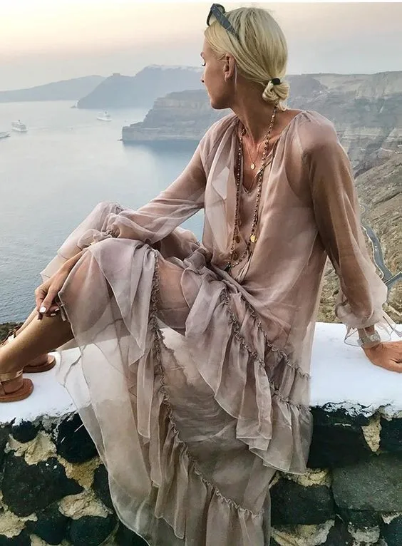 Воно хиппи шик прозрачными рюшами в стиле пэчворк Платье макси с длинным рукавом