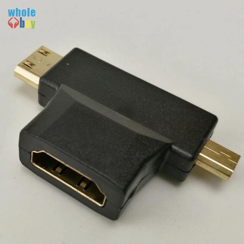 

100pcs/lot Top Sale Mini 3 In 1 HDMI Female To Mini HDMI Male + Micro HDMI Male Adapter Metal/Plastic Connector Black for HDTV