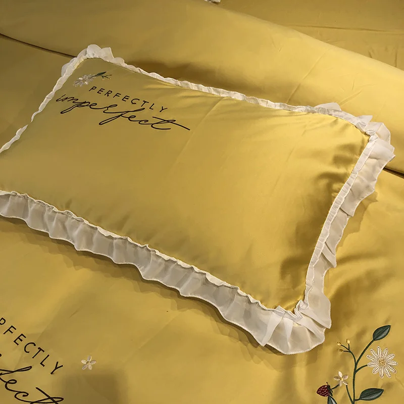 

Yellow White Pink Gray Washed Silk Cotton Flowers Embroidery Princess Bedding Set Duvet Cover Bed sheet Fitted Sheet Pillowcases